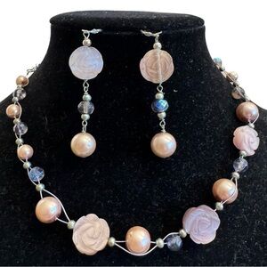 Cookie Lee Jewelry SET Necklace & Earrings silver wire pink roses, pearls, beads